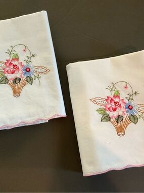 Vintage White Pillowcases with Pink & Green Embroidered Floral Baskets